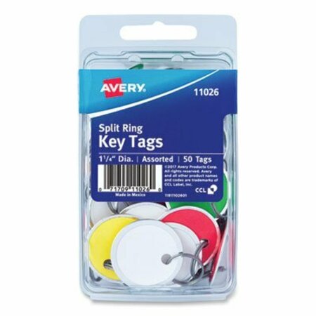 AVERY DENNISON Avery, Key Tags With Split Ring, 1 1/4 Dia, Assorted Colors, 50PK 11026